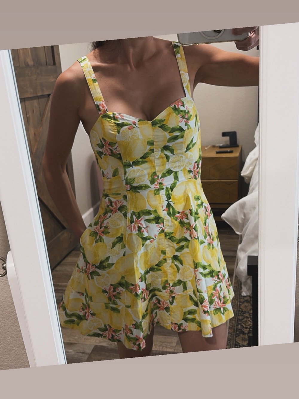 Avec Les Filles Yellow Lemon & Green Leaf Mini Dress